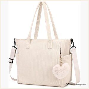 Large Corduroy Tote Bag Adjustable Strap Zipper Compartments Versatile